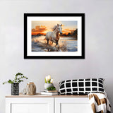 White Horse Walking In The Sunrise V2 Framed Art Prints Wall Art Home Decor, Painting Art, White Border
