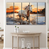 White Horse Walking In The Sunrise V2 5 Panels B Canvas Prints Wall Art Home Decor, Extra Large Canvas