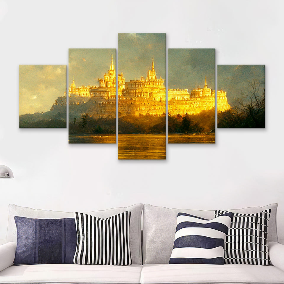 White Castle In The Distance Golden Light Shining Oil Painting Prints 5 Piece Multi Panels Canvas Prints Wall Art Decor