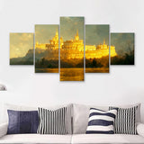 White Castle In The Distance Golden Light Shining Oil Painting Prints 5 Piece Multi Panels Canvas Prints Wall Art Decor
