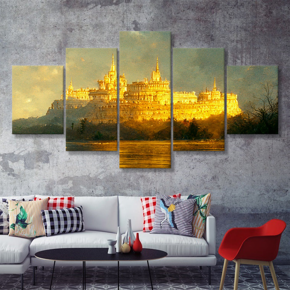 White Castle In The Distance Golden Light Shining Oil Painting Prints 5 Piece Multi Panels Canvas Prints Wall Art Decor