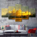White Castle In The Distance Golden Light Shining Oil Painting Prints 5 Piece Multi Panels Canvas Prints Wall Art Decor