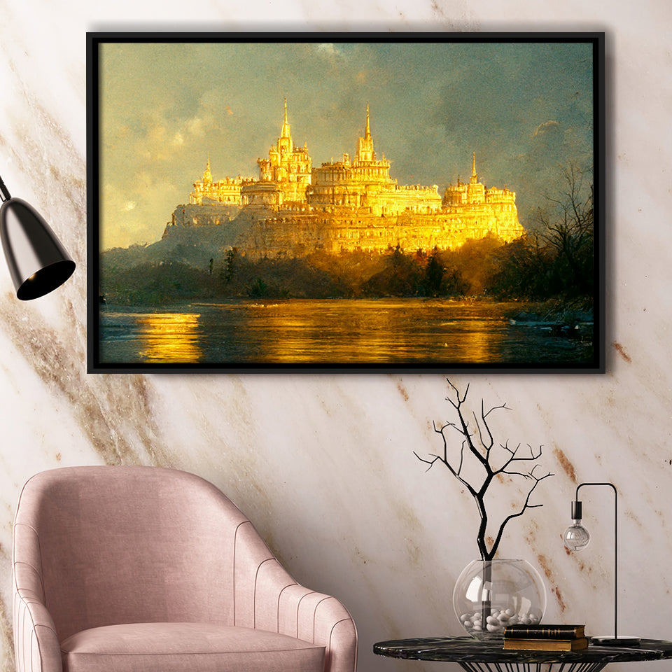White Castle In The Distance Golden Light Shining Oil Painting Prints Framed Canvas Prints Wall Art - Painting Canvas,Framed Picture