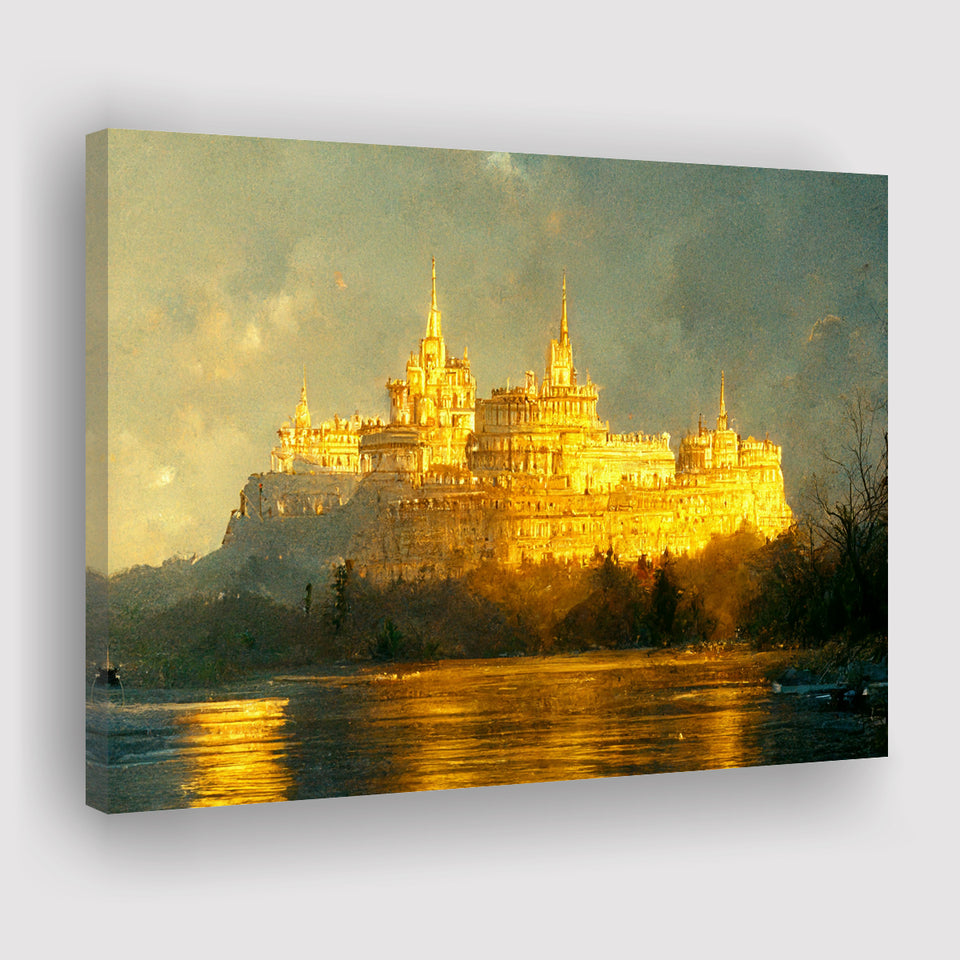 White Castle In The Distance Golden Light Shining Oil Painting Prints Canvas Prints Wall Art - Painting Canvas,Wall Decor,Art Print