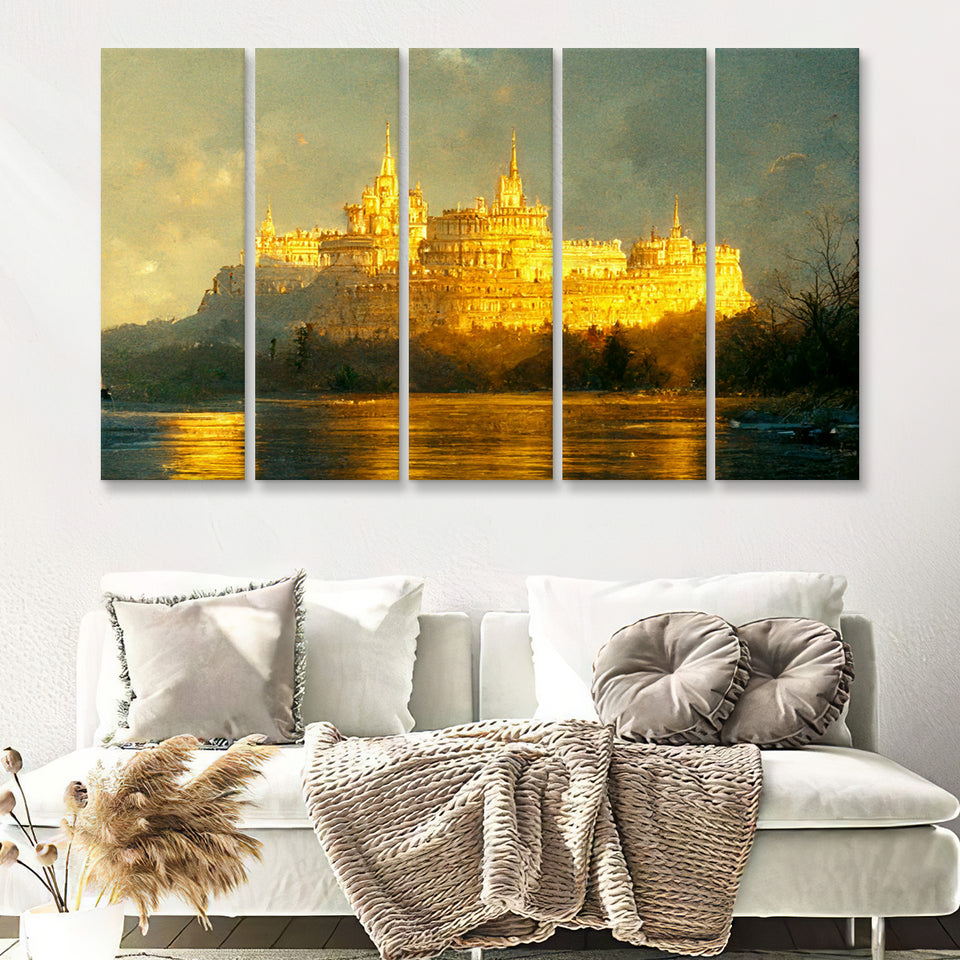 White Castle In The Distance Golden Light Shining Oil Painting Prints 5 Piece B Multi Panels Canvas Prints Wall Art Decor