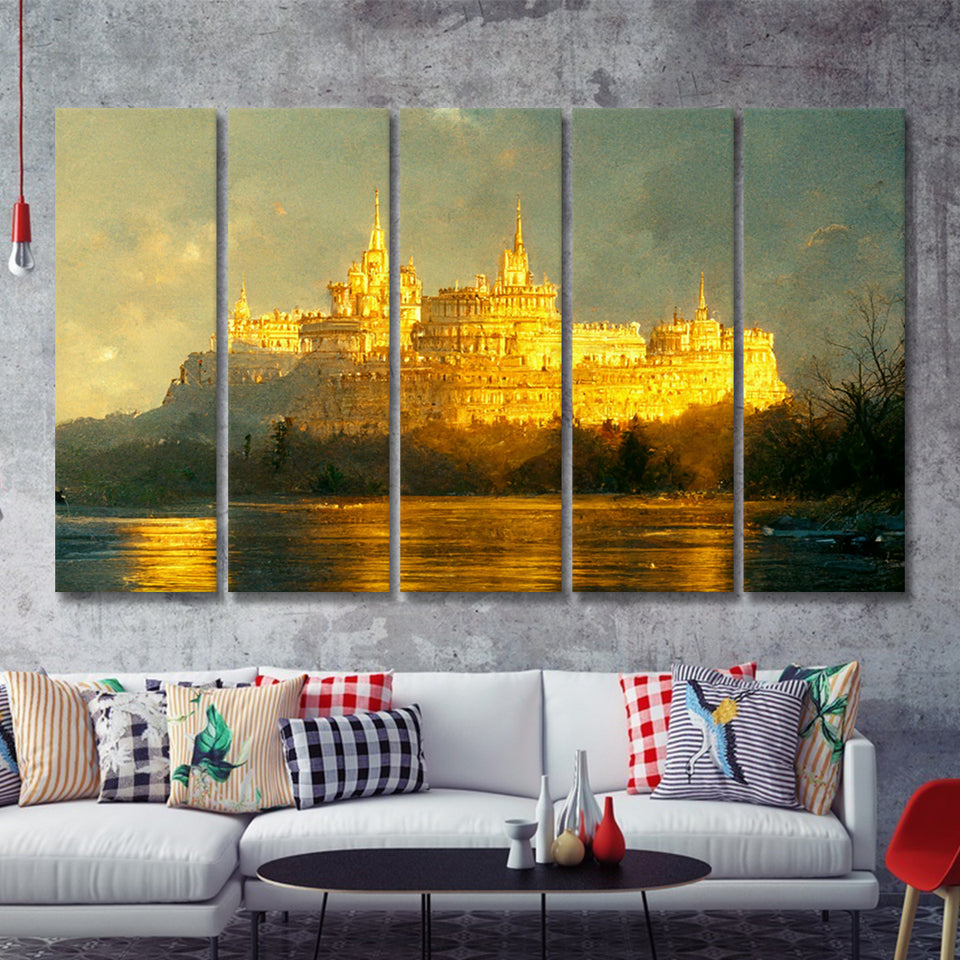 White Castle In The Distance Golden Light Shining Oil Painting Prints 5 Piece B Multi Panels Canvas Prints Wall Art Decor