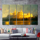 White Castle In The Distance Golden Light Shining Oil Painting Prints 5 Piece B Multi Panels Canvas Prints Wall Art Decor