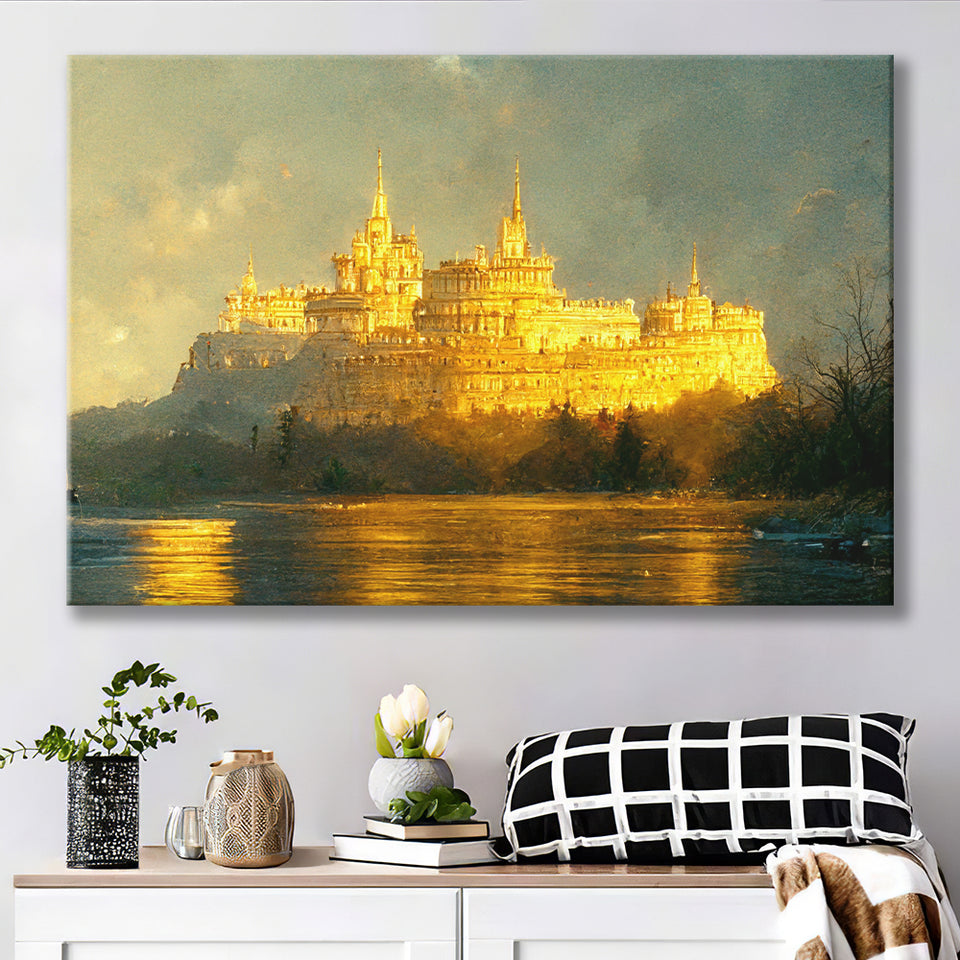 White Castle In The Distance Golden Light Shining Oil Painting Prints Canvas Prints Wall Art - Painting Canvas,Wall Decor,Art Print