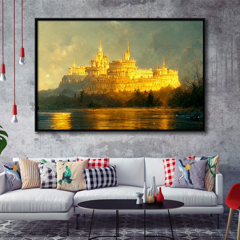 White Castle In The Distance Golden Light Shining Oil Painting Prints Framed Canvas Prints Wall Art - Painting Canvas,Framed Picture