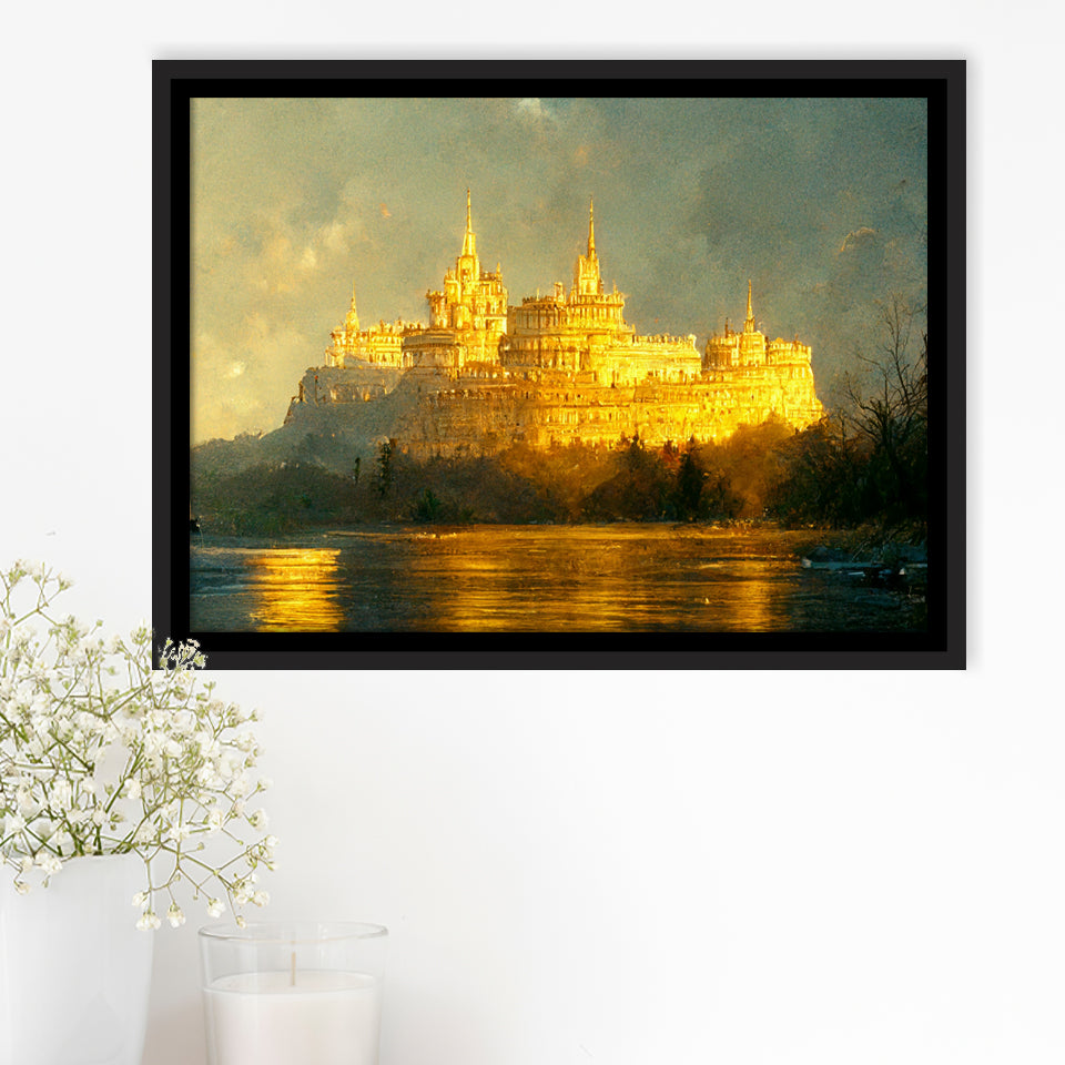 White Castle In The Distance Golden Light Shining Oil Painting Prints Framed Canvas Prints Wall Art - Painting Canvas,Framed Picture