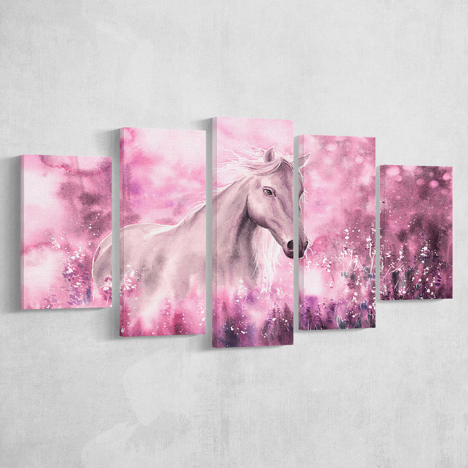 Wild-Horse Pink Watercolor-Painting 5 Panels, Canvas Prints Wall Art Decor, Large Canvas Art