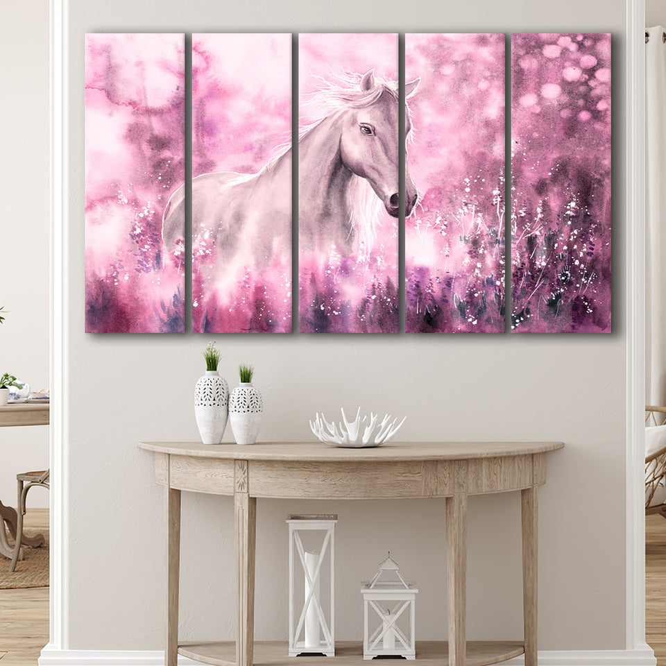 Wild Horse Pink Watercolor Painting Larger Canvas Art, 5 Piece Canvas Prints Wall Art Decor