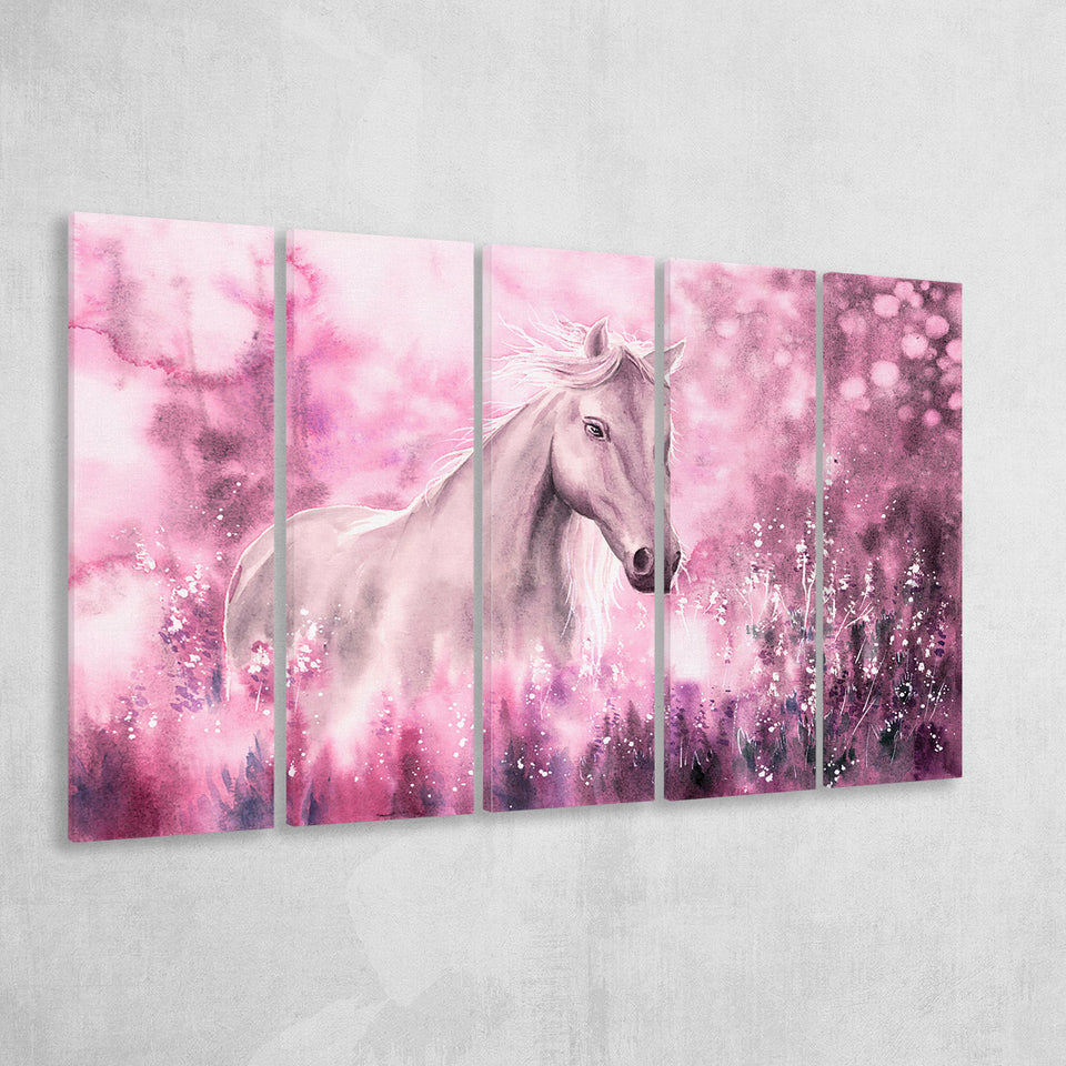 Wild Horse Pink Watercolor Painting Larger Canvas Art, 5 Piece Canvas Prints Wall Art Decor