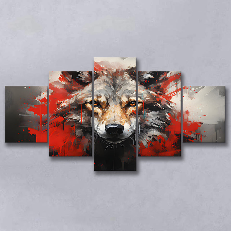 Wolf Head Red And Black 5 Panels Canvas Prints Wall Art Home Decor, Large Mixed Canvas