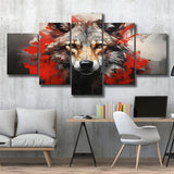 Wolf Head Red And Black 5 Panels Canvas Prints Wall Art Home Decor, Large Mixed Canvas