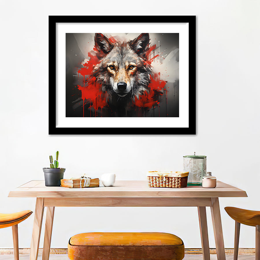 Wolf Head Red And Black Framed Art Prints Wall Art Home Decor, Painting Art, White Border