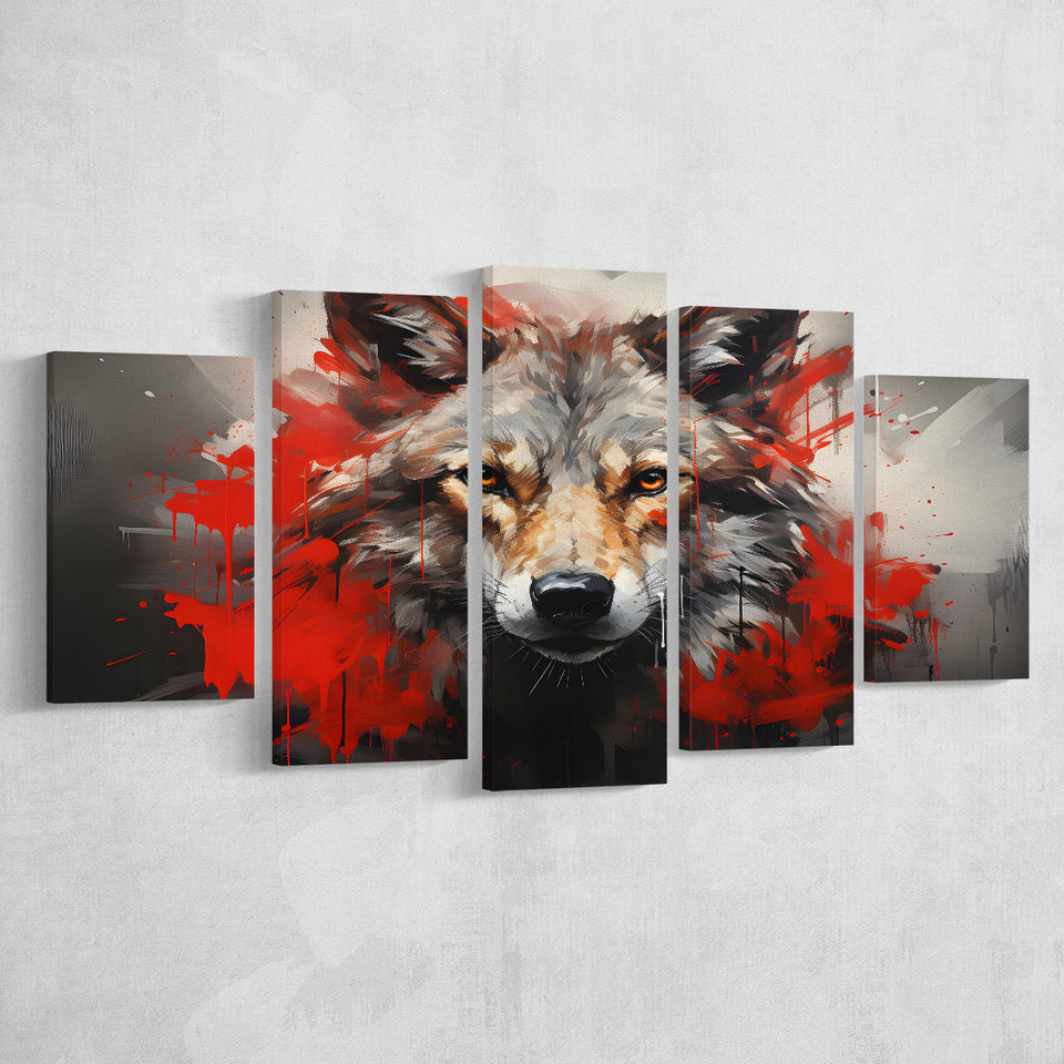 Wolf Head Red And Black 5 Panels Canvas Prints Wall Art Home Decor, Large Mixed Canvas