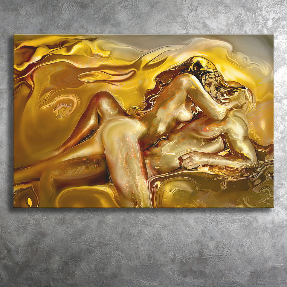 Woman And Man Feel In Love Golden Painting, Canvas Prints Wall Art Home Decor