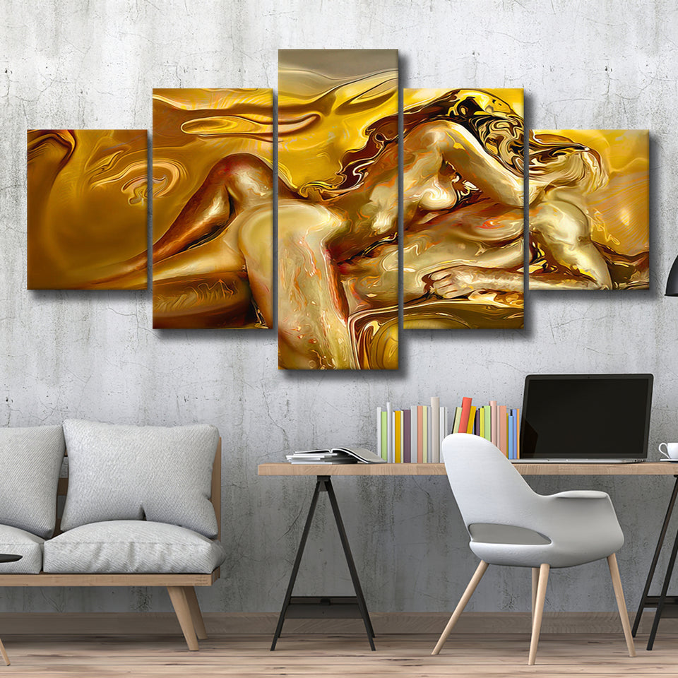 Woman And Man Feel In Love Golden Painting, Multi Panels, 5 Pieces, Canvas Prints Wall Art Home Decor