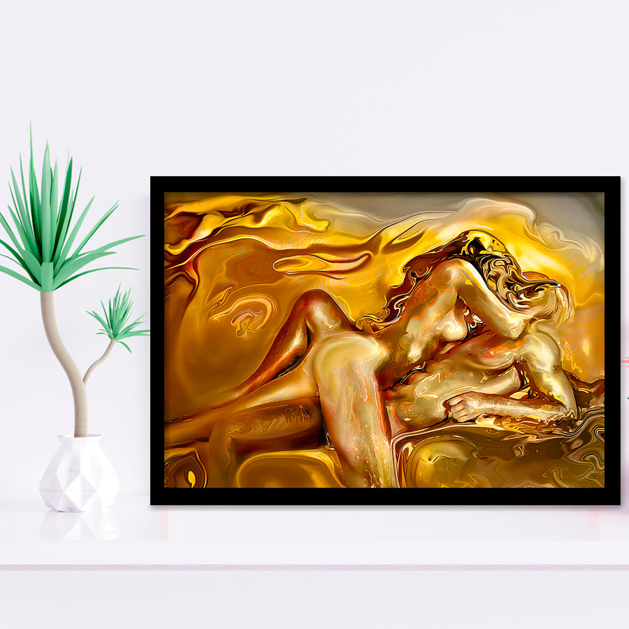 Woman And Man Feel In Love Golden Painting, Framed Art Prints Wall Art Home Decor, Ready to Hang