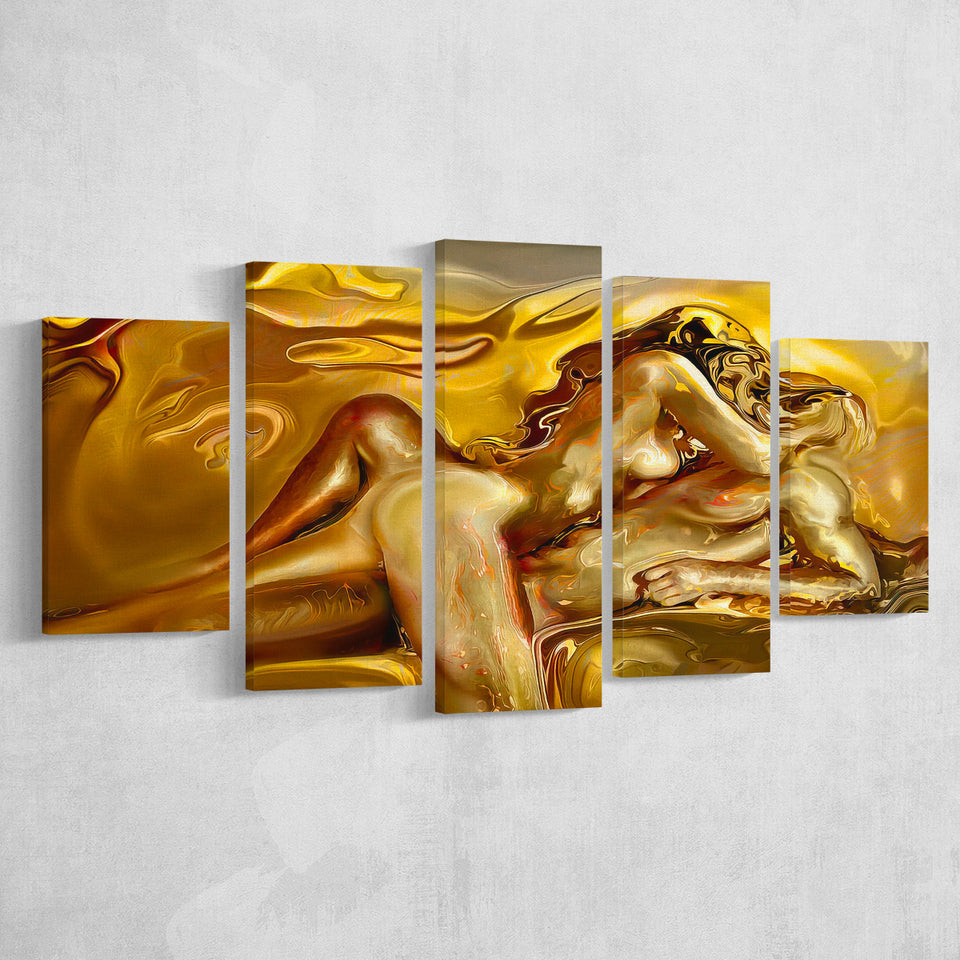 Woman And Man Feel In Love Golden Painting, Multi Panels, 5 Pieces, Canvas Prints Wall Art Home Decor