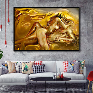 Woman And Man Feel In Love Golden Painting, Framed Canvas Prints Wall Art Home Decor,Floating Frame, Ready to Hang