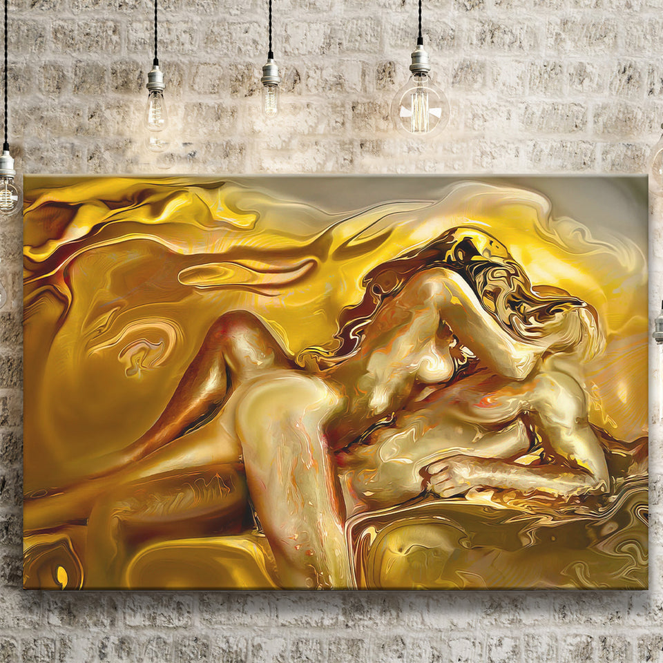 Woman And Man Feel In Love Golden Painting, Canvas Prints Wall Art Home Decor