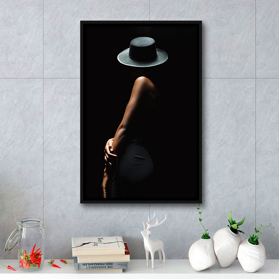 Woman In Black Hat Framed Canvas Prints Wall Art Home Decor, Floating Frame
