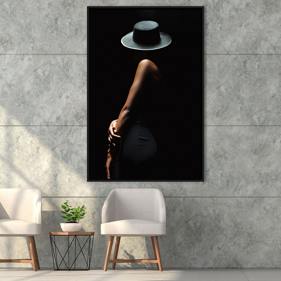 Woman In Black Hat Framed Canvas Prints Wall Art Home Decor, Floating Frame