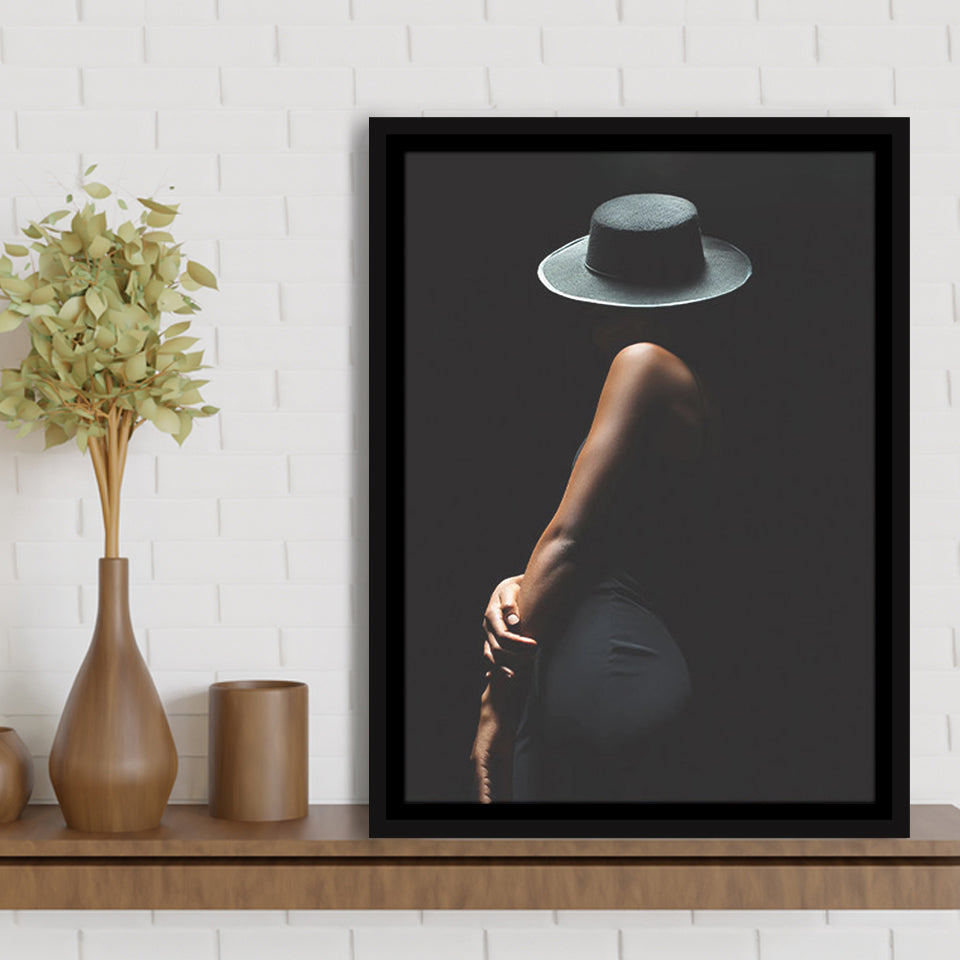 Woman In Black Hat Framed Canvas Prints Wall Art Home Decor, Floating Frame